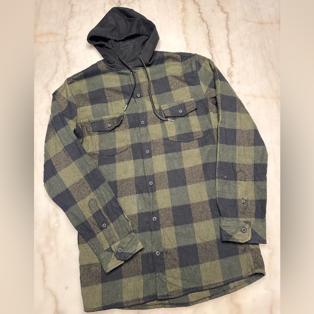 BURNSIDE • Olive and Charcoal Plaid Hooded Longsleeve Shirt - Youth XXL (18)